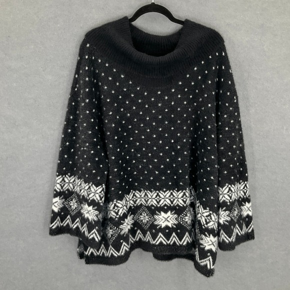 Lands' End Womens 3X Black Fuzzy Knit Snowflake Sweater Plus Size Comfy Soft - Picture 1 of 14